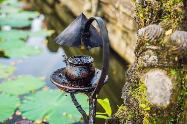 Old oil lamp on lotus lake Bali, Indonesia