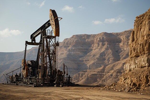 Photo old oil rig in desert mountains landscape