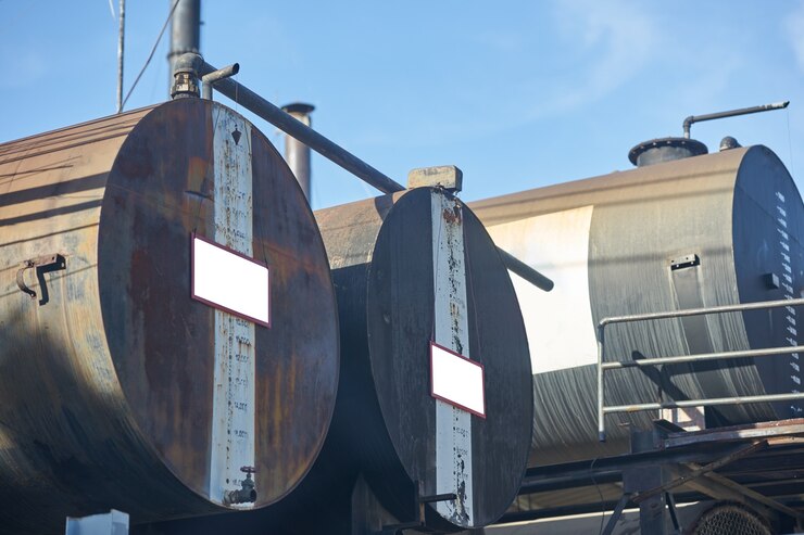 Photo old oil tank on blue sky background in energy concept