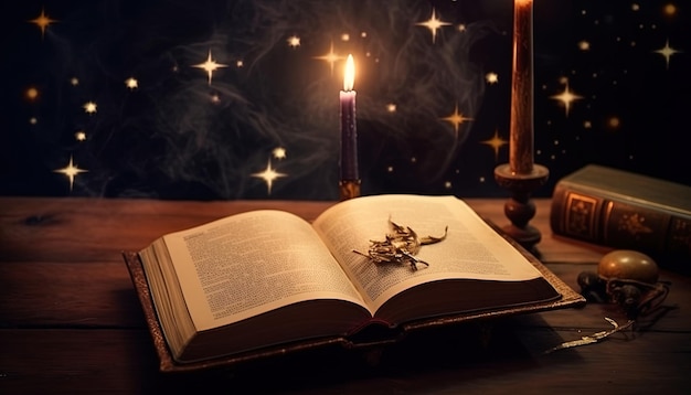 Old open books on wooden table candlelight on galaxy background