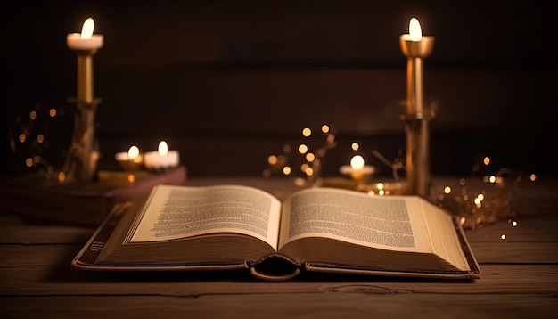 Old open books on the wooden table and empty space