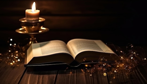 Old open books on the wooden table and empty space