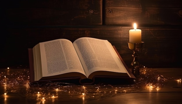 Old open books on the wooden table and empty space