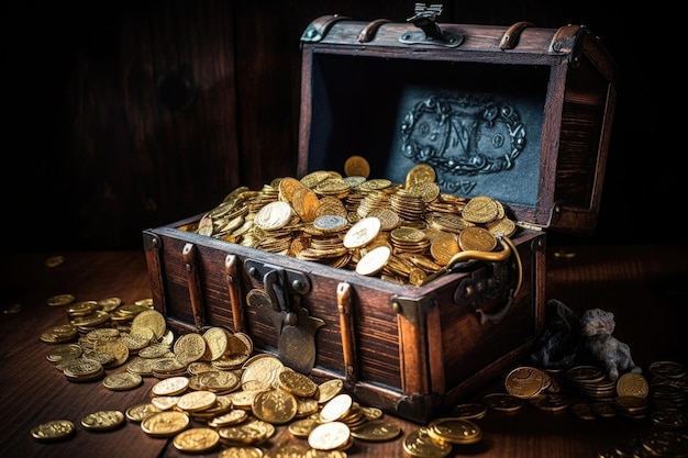 Old open pirate treasure chest full of golden coins Generative AI