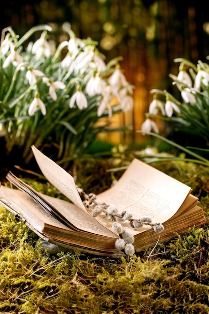 Old opened book with willow branches catkins Spring forest snowdrops beautiful first blossom spring white flowers on moss in wild forest Nature beauty