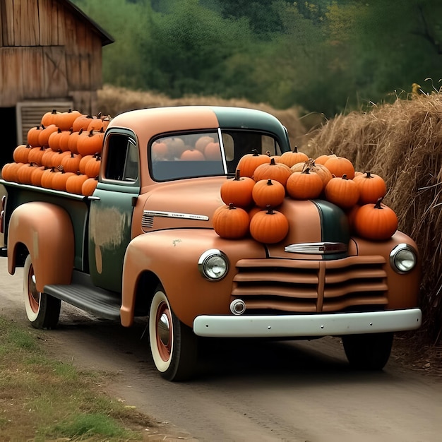 後ろにたくさんのカボチャを乗せた古いオレンジ色のトラック