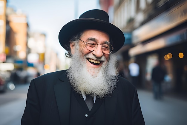 An old orthodox Jewish man smiles on a city street