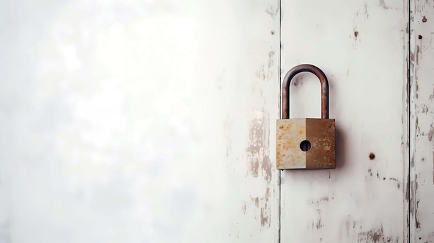 Old padlock on white wooden door with copy space for your text