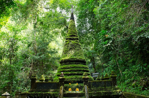 Old pagoda and moss at Phlio waterfall national park in Chanthaburi Province Thailand