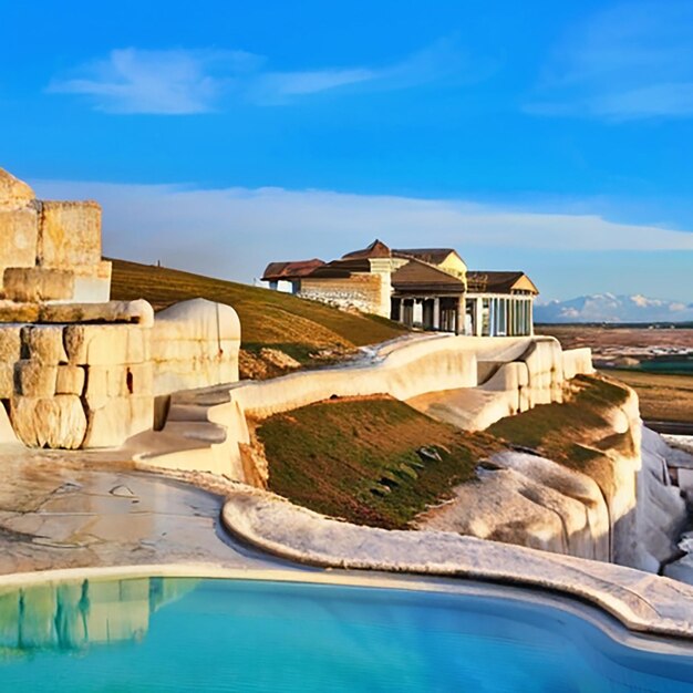 Old palace in cool mountain and lake fill with blue water nature