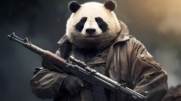 old panda holding gun