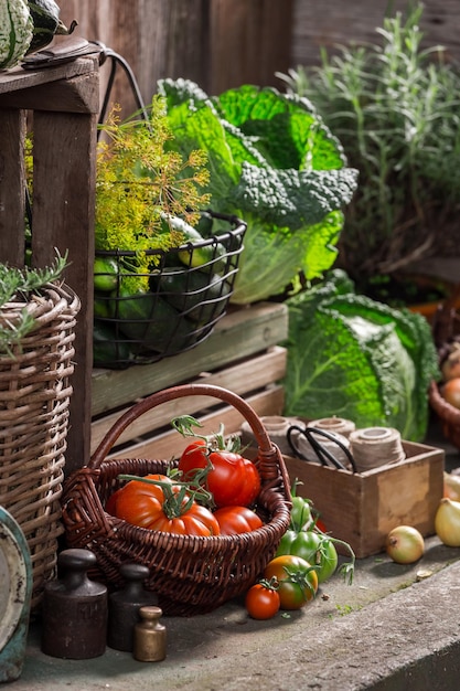 写真 収穫された野菜や果物の古いパントリー