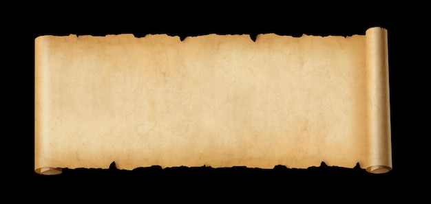 Old paper horizontal banner. Parchment scroll isolated on black background