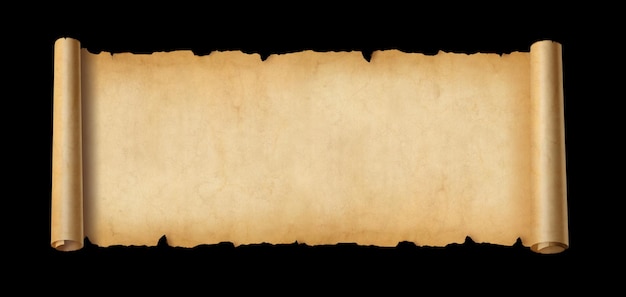 Old paper horizontal banner Parchment scroll isolated on black background