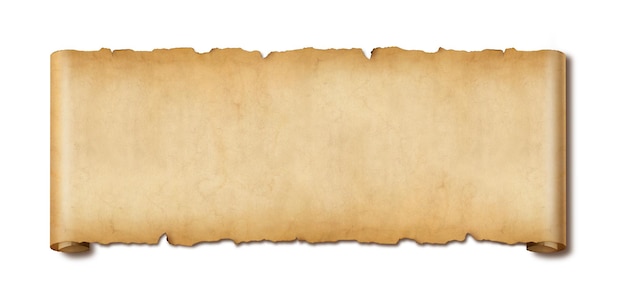 Photo old paper horizontal banner. parchment scroll isolated on white background with shadow