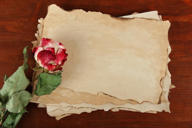 Old paper and rose on wooden background