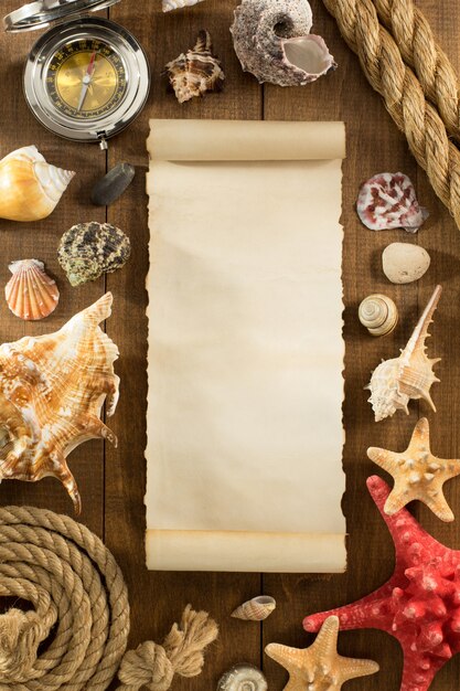 Old paper and seashell on wooden background texture