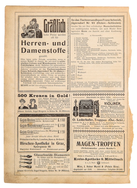 Foto vecchio foglio di carta. pubblicità negozio vintage, pagina shopping catalogo germania 1915