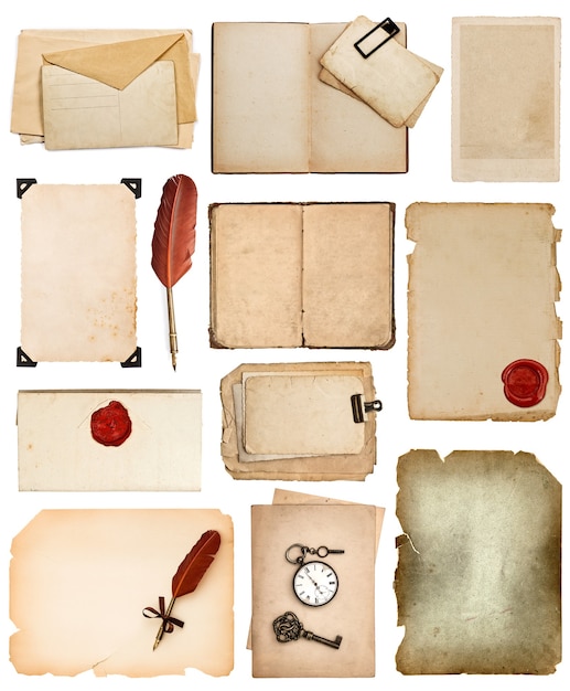 Photo old paper sheets vintage book pages cards photos pieces isolated white background