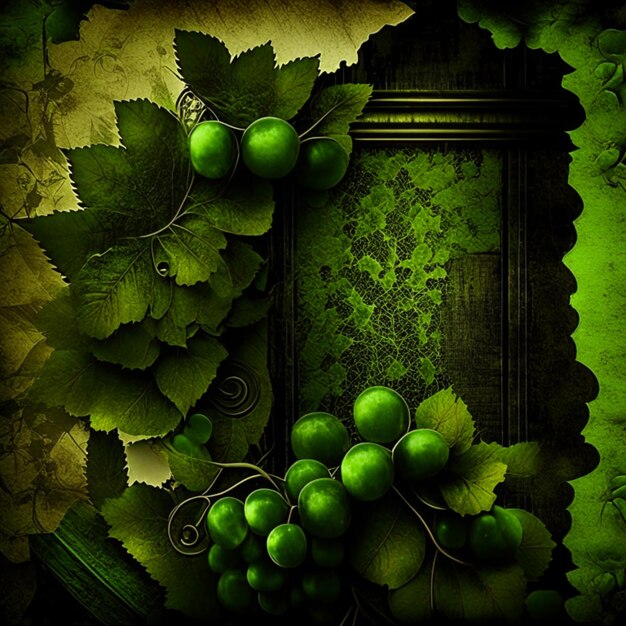 写真 古い紙のテクスチャの黒と緑のブドウの背景