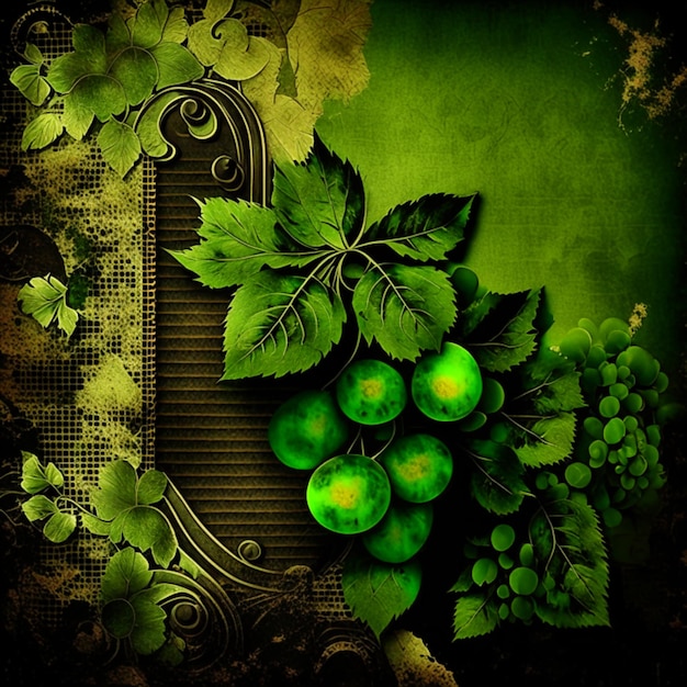 古い紙のテクスチャの黒と緑のブドウの背景
