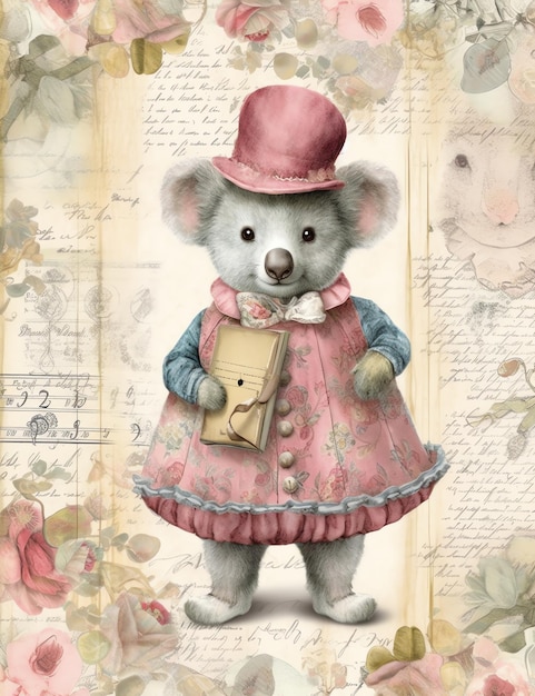 Old paper texture of a Koala with clothes junk journal digital paper background