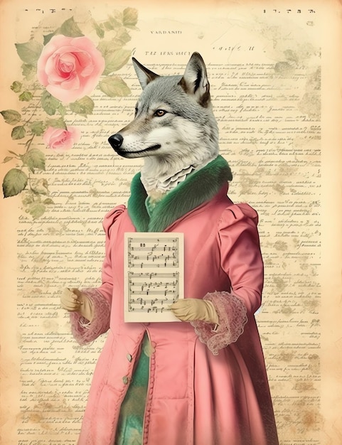 Old paper texture of a Wolf with clothes junk journal digital paper background