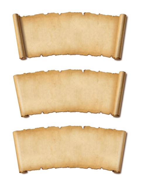 Old parchment paper scroll set isolated on white with shadow horizontal banners