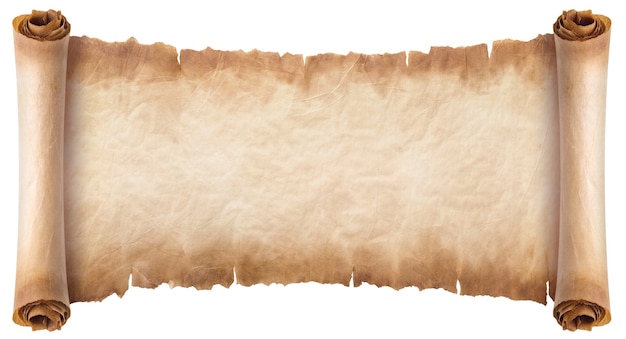 Old parchment paper scroll sheet vintage aged or texture isolated on white background.