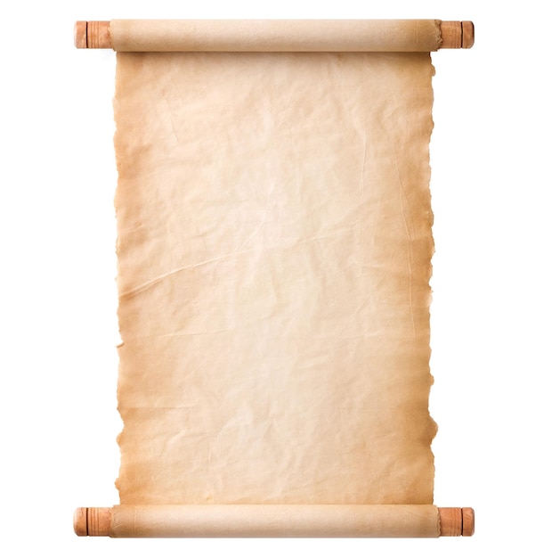 Photo old parchment paper scroll sheet vintage aged or texture isolated on white background.