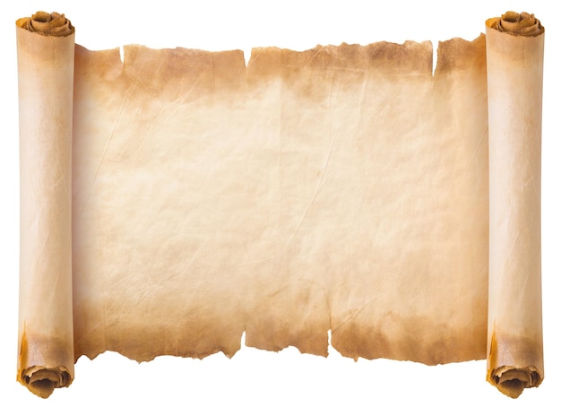 Photo old parchment paper scroll sheet vintage aged or texture isolated on white background.