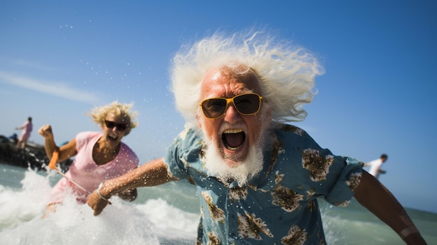 Old people having fun at the beach