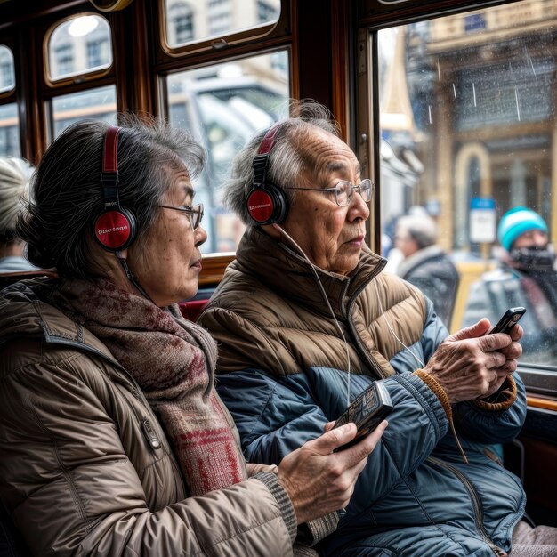 トラムに乗ってiPhoneで音楽を聴いて窓から外を見ている老人