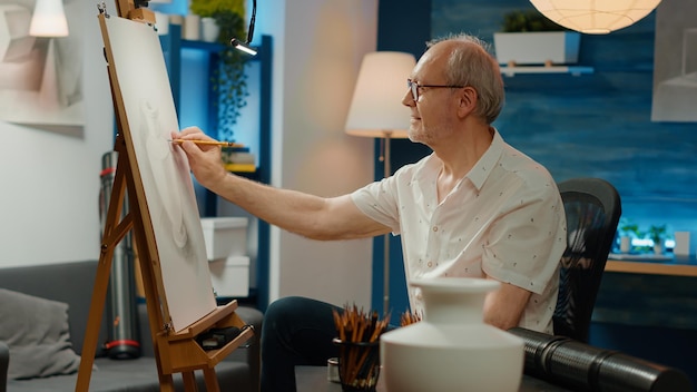 Old person using artistic skills to draw masterpiece of vase, creating professional artwork sketch with tools and pencils. Drawing creation on canvas with easel for art and craft hobby, inspiration.