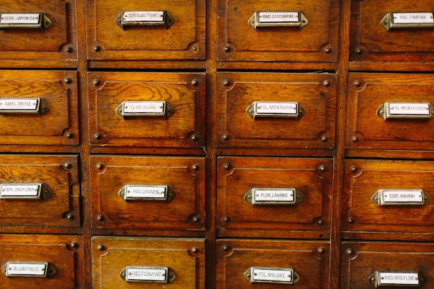 Old pharmacy drawer with Latin names of drugs