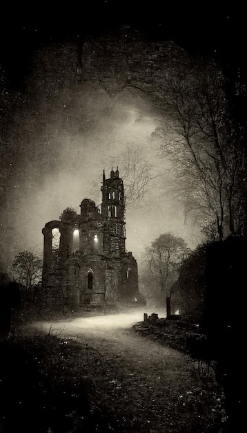 Old photo with creepy cemetery and abandoned church ruins Mystic gloomy scene 3D illustration