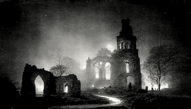 Photo old photo with creepy cemetery and abandoned church ruins mystic gloomy scene 3d illustration