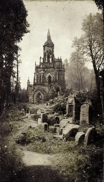 Old photo with creepy cemetery and abandoned church ruins Mystic gloomy scene 3D illustration