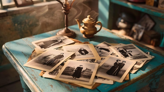 Old photos on the wooden table