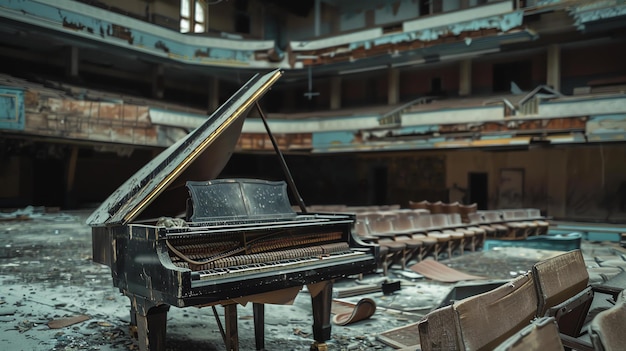 Foto vecchio pianoforte nella sala da concerto abbandonata