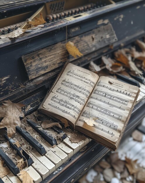 Photo an old piano with broken keys the music sheets on it have been torn off and thrown away in an aban