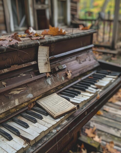 An old piano with broken keys the music sheets on it have been torn off and thrown away