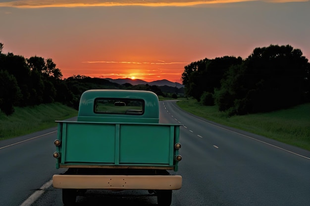 An old pickup truck drives along a rural road