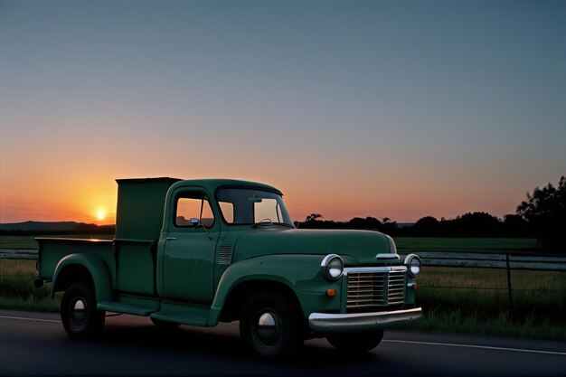 An old pickup truck drives along a rural road