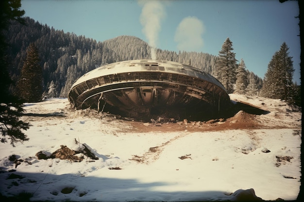 Old picture of crashed huge flat flying saucer down crashed against the rocky mountain Generative AI illustration