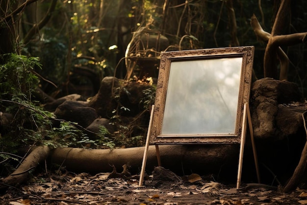 an old picture frame with a mirror in the middle of the forest.