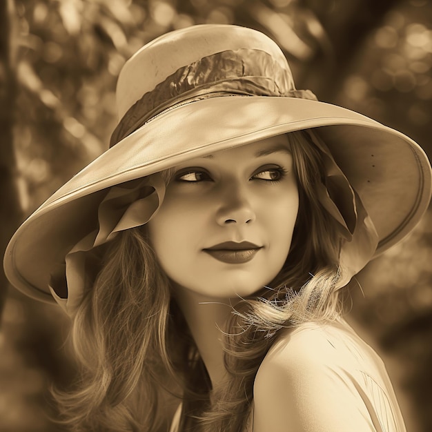 A old picture of a woman wearing a hat