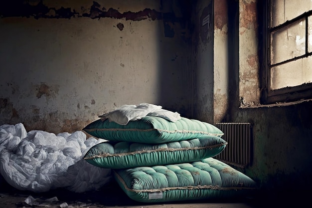 Old pillows and mattresses on dirty floor abandoned asylum