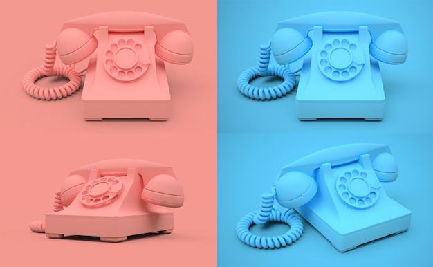 분홍색과 파란색 배경 3d 그림에 오래 된 분홍색 다이얼 전화