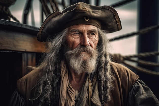 Old pirate captain in costume and hat on medieval ship Generative AI